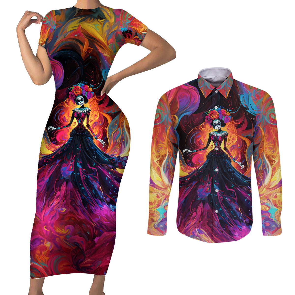 Day of Dead Lady Couples Matching Short Sleeve Bodycon Dress and Long Sleeve Button Shirt Sugar Skull Flame Lady - Wonder Print Shop