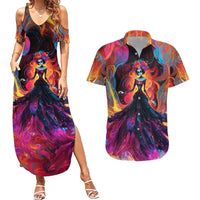 Day of Dead Lady Couples Matching Summer Maxi Dress and Hawaiian Shirt Sugar Skull Flame Lady - Wonder Print Shop