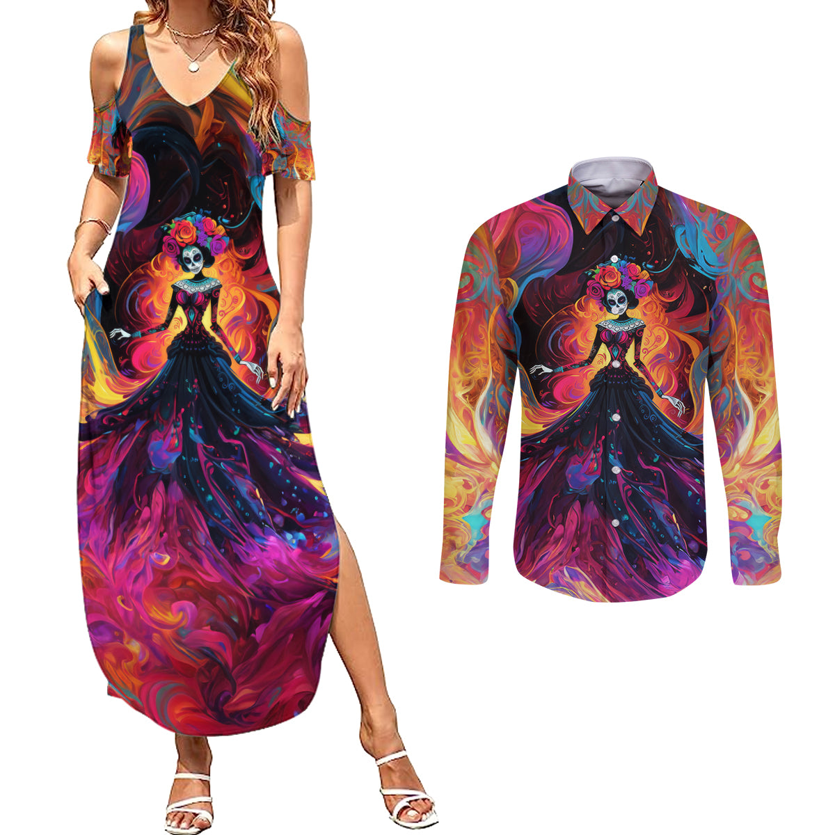 Day of Dead Lady Couples Matching Summer Maxi Dress and Long Sleeve Button Shirt Sugar Skull Flame Lady - Wonder Print Shop