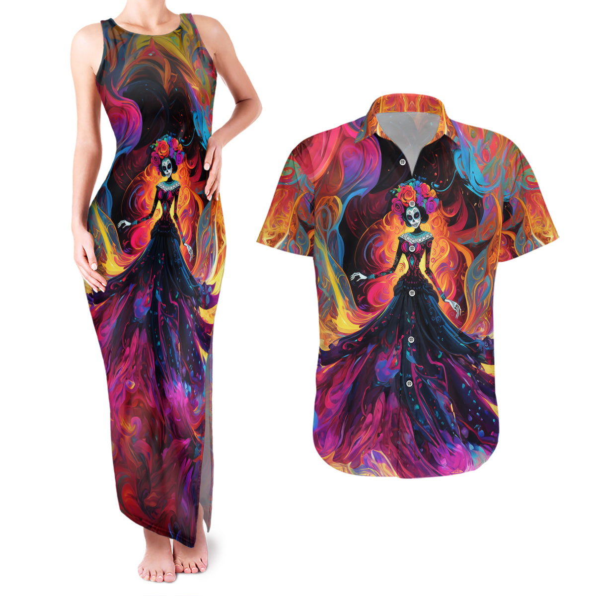 Day of Dead Lady Couples Matching Tank Maxi Dress and Hawaiian Shirt Sugar Skull Flame Lady - Wonder Print Shop