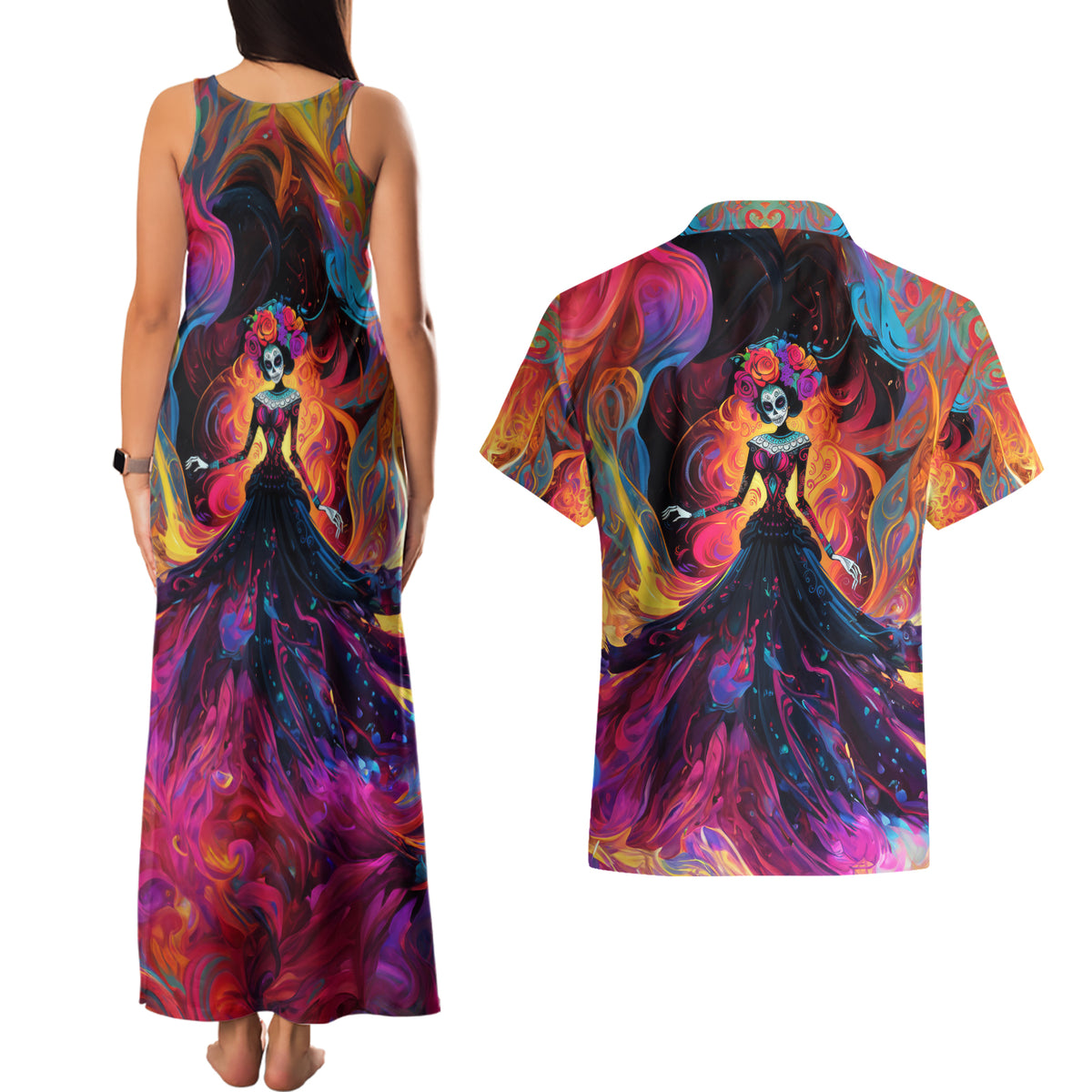 Day of Dead Lady Couples Matching Tank Maxi Dress and Hawaiian Shirt Sugar Skull Flame Lady - Wonder Print Shop