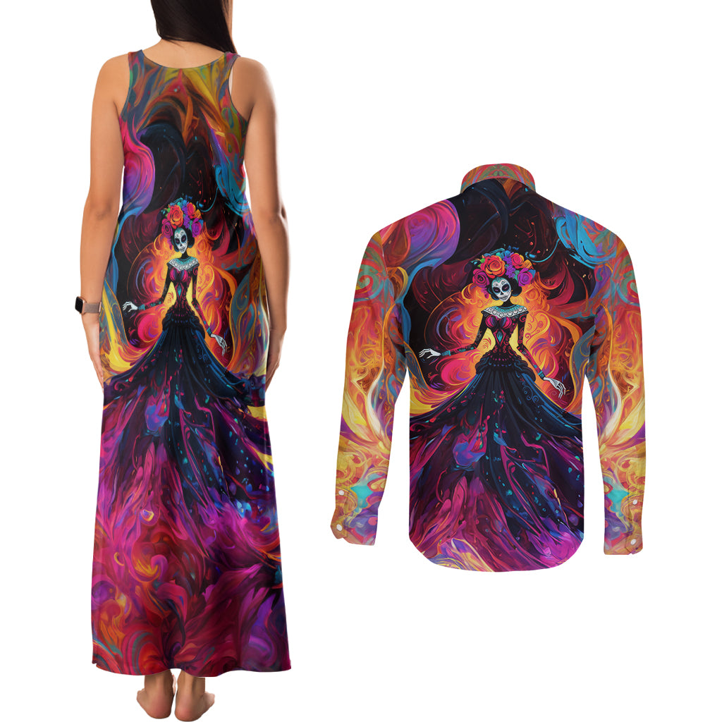 Day of Dead Lady Couples Matching Tank Maxi Dress and Long Sleeve Button Shirt Sugar Skull Flame Lady - Wonder Print Shop
