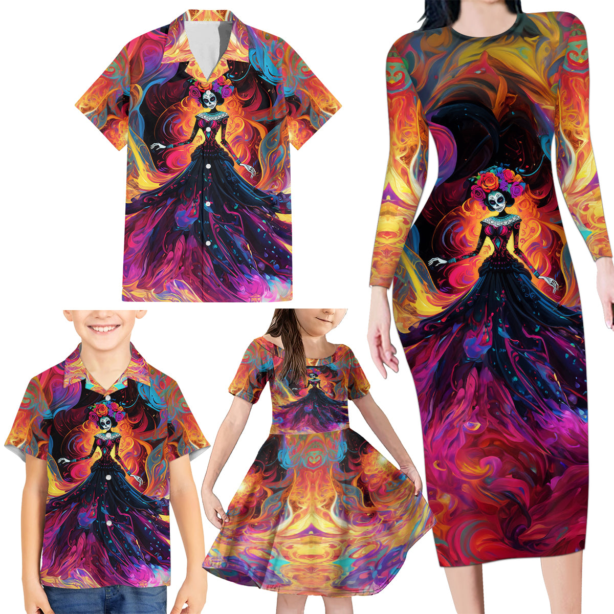 Day of Dead Lady Family Matching Long Sleeve Bodycon Dress and Hawaiian Shirt Sugar Skull Flame Lady - Wonder Print Shop