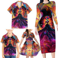 Day of Dead Lady Family Matching Long Sleeve Bodycon Dress and Hawaiian Shirt Sugar Skull Flame Lady - Wonder Print Shop