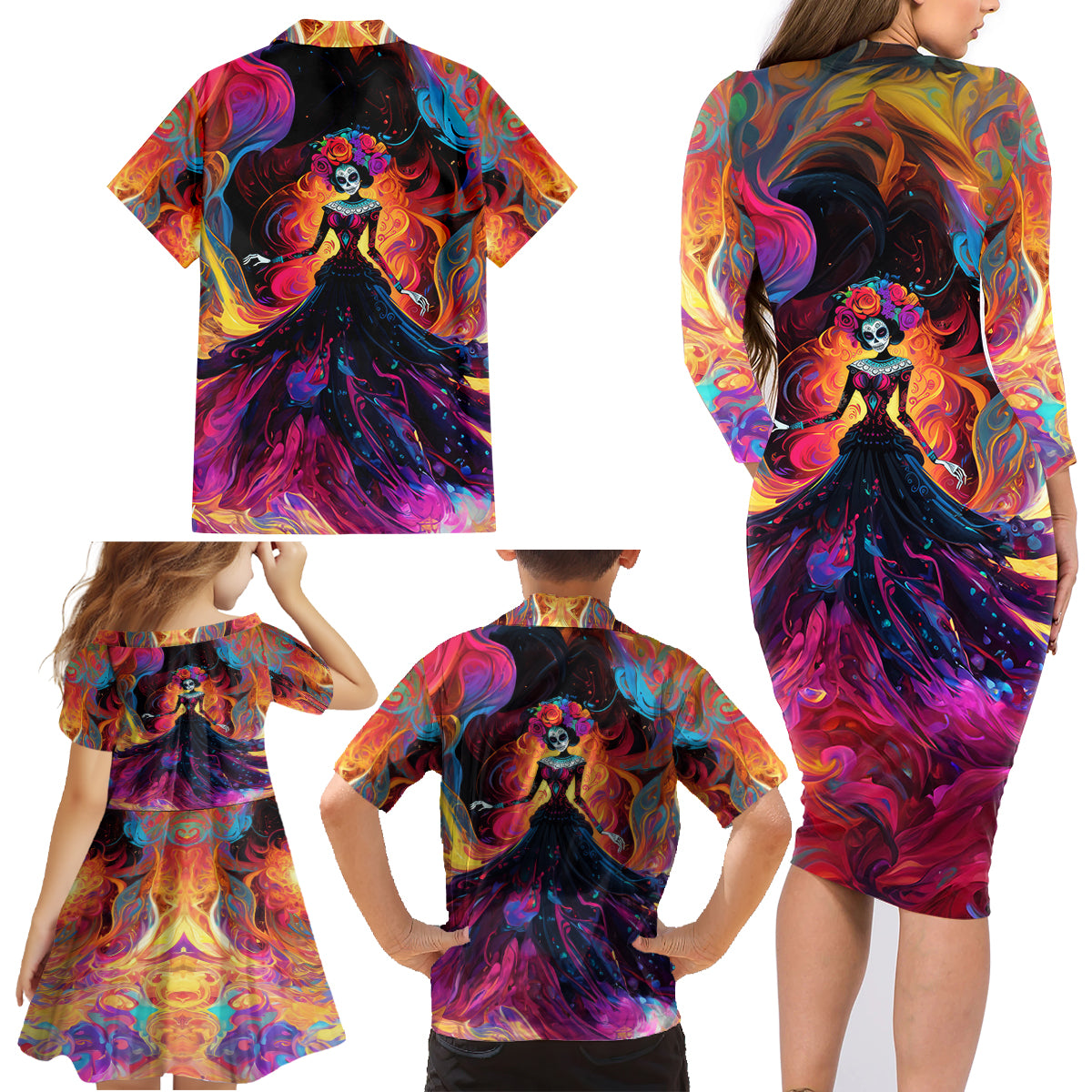 Day of Dead Lady Family Matching Long Sleeve Bodycon Dress and Hawaiian Shirt Sugar Skull Flame Lady - Wonder Print Shop