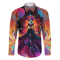 Day of Dead Lady Family Matching Long Sleeve Bodycon Dress and Hawaiian Shirt Sugar Skull Flame Lady - Wonder Print Shop