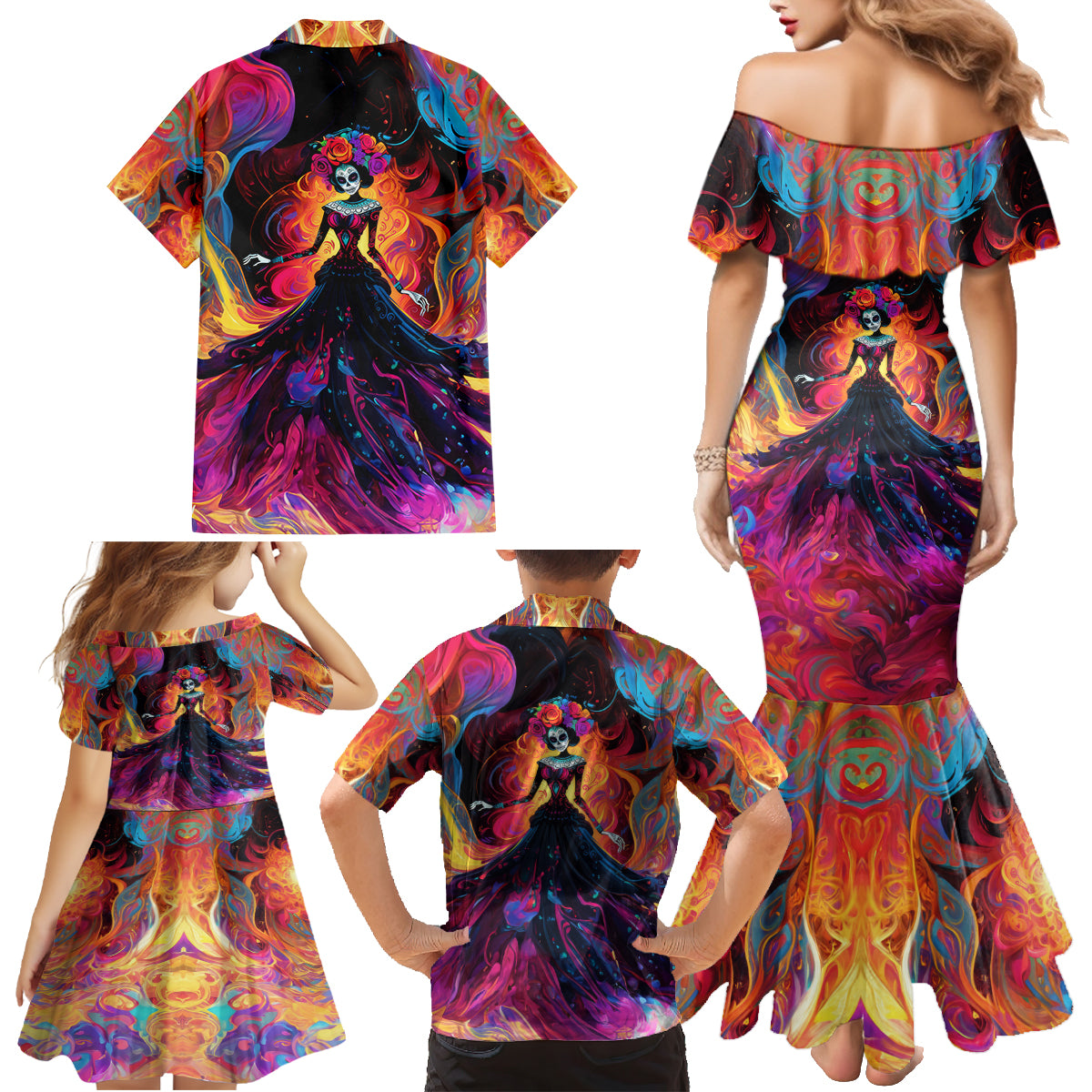 Day of Dead Lady Family Matching Mermaid Dress and Hawaiian Shirt Sugar Skull Flame Lady - Wonder Print Shop