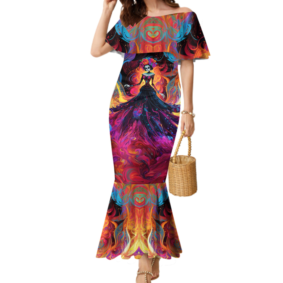 Day of Dead Lady Family Matching Mermaid Dress and Hawaiian Shirt Sugar Skull Flame Lady - Wonder Print Shop