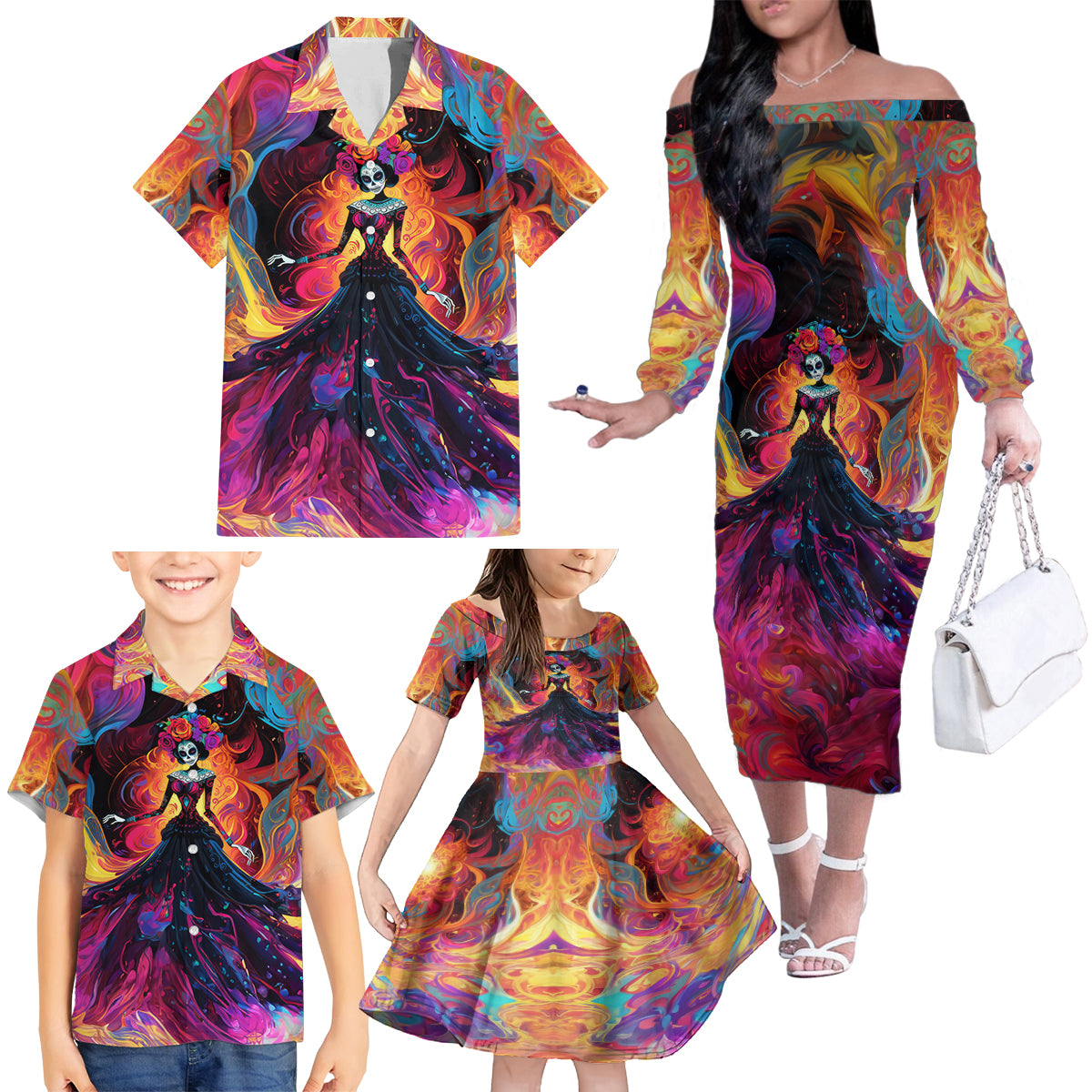 Day of Dead Lady Family Matching Off Shoulder Long Sleeve Dress and Hawaiian Shirt Sugar Skull Flame Lady - Wonder Print Shop