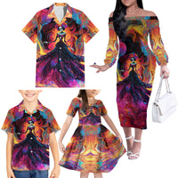 Day of Dead Lady Family Matching Off Shoulder Long Sleeve Dress and Hawaiian Shirt Sugar Skull Flame Lady - Wonder Print Shop