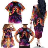 Day of Dead Lady Family Matching Off Shoulder Long Sleeve Dress and Hawaiian Shirt Sugar Skull Flame Lady - Wonder Print Shop