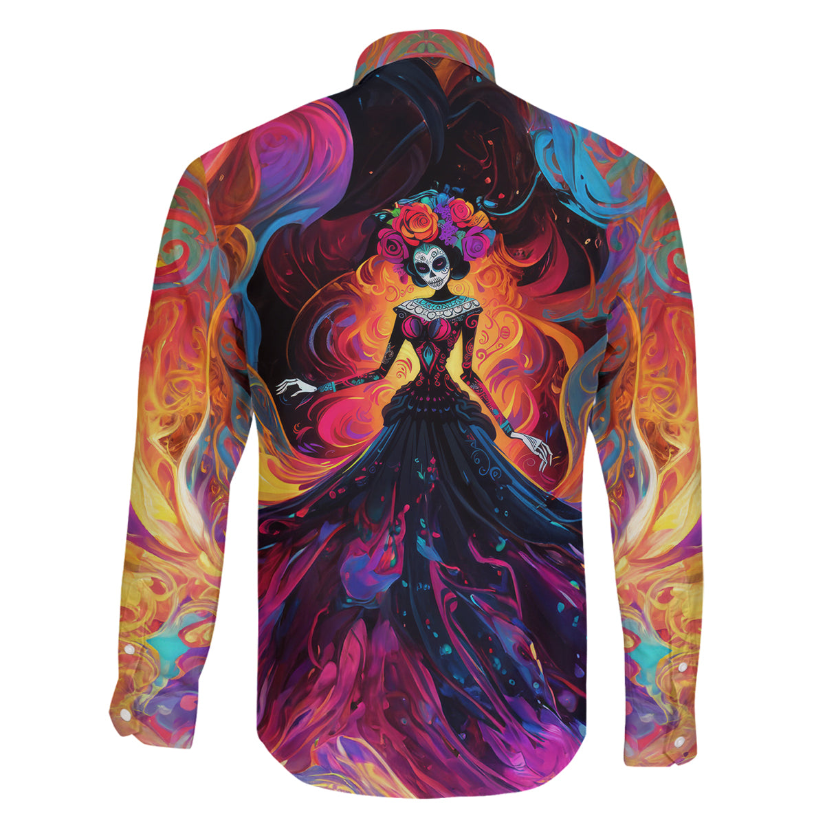 Day of Dead Lady Family Matching Off Shoulder Long Sleeve Dress and Hawaiian Shirt Sugar Skull Flame Lady - Wonder Print Shop