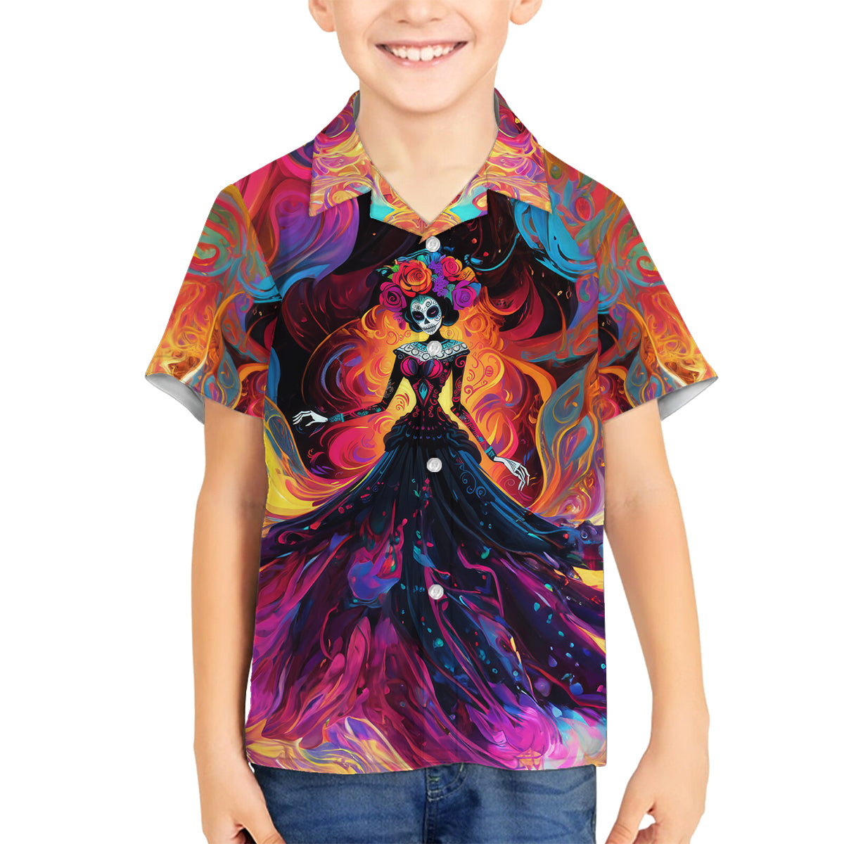 Day of Dead Lady Family Matching Off Shoulder Long Sleeve Dress and Hawaiian Shirt Sugar Skull Flame Lady - Wonder Print Shop