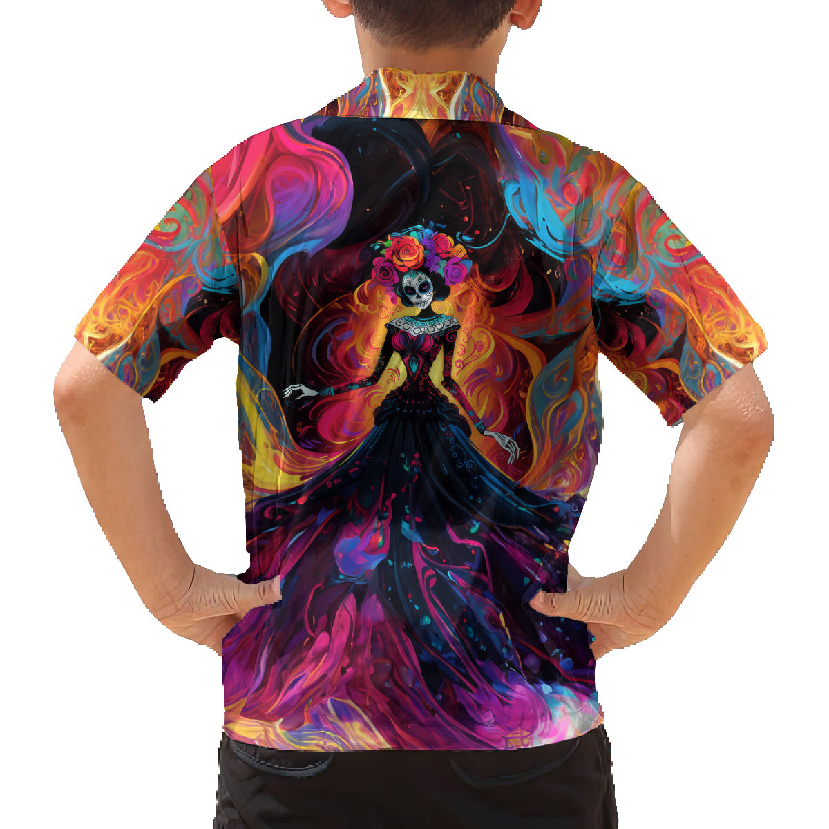 Day of Dead Lady Family Matching Off Shoulder Maxi Dress and Hawaiian Shirt Sugar Skull Flame Lady - Wonder Print Shop