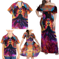 Day of Dead Lady Family Matching Off Shoulder Maxi Dress and Hawaiian Shirt Sugar Skull Flame Lady - Wonder Print Shop