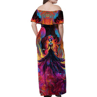 Day of Dead Lady Family Matching Off Shoulder Maxi Dress and Hawaiian Shirt Sugar Skull Flame Lady - Wonder Print Shop