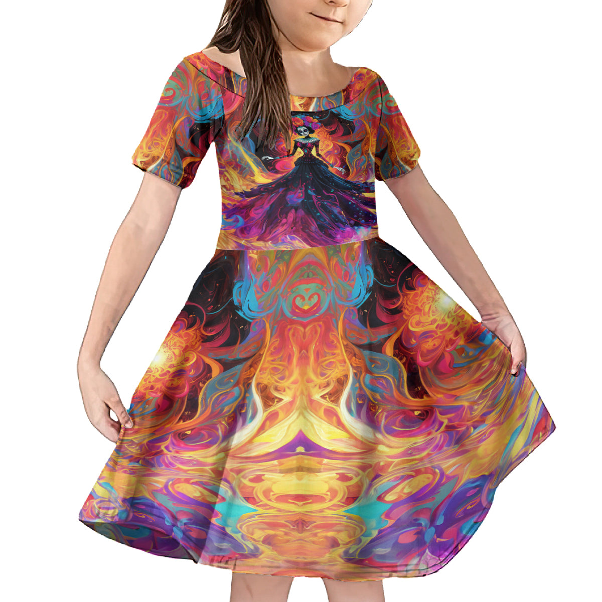 Day of Dead Lady Family Matching Off Shoulder Short Dress and Hawaiian Shirt Sugar Skull Flame Lady - Wonder Print Shop