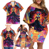 Day of Dead Lady Family Matching Off Shoulder Short Dress and Hawaiian Shirt Sugar Skull Flame Lady - Wonder Print Shop