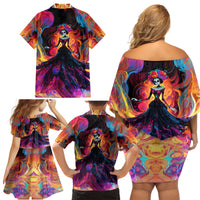 Day of Dead Lady Family Matching Off Shoulder Short Dress and Hawaiian Shirt Sugar Skull Flame Lady - Wonder Print Shop