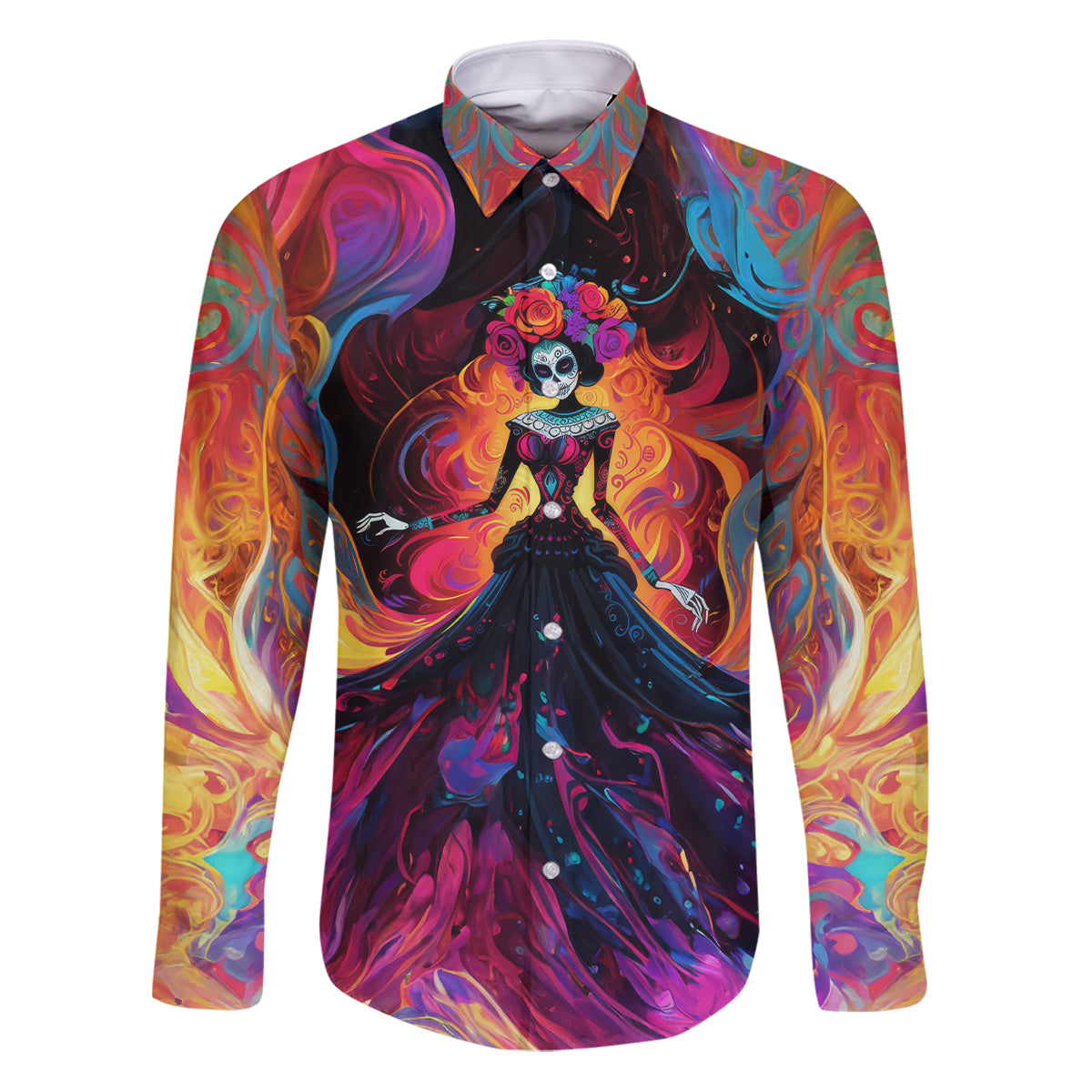 Day of Dead Lady Family Matching Puletasi Dress and Hawaiian Shirt Sugar Skull Flame Lady - Wonder Print Shop