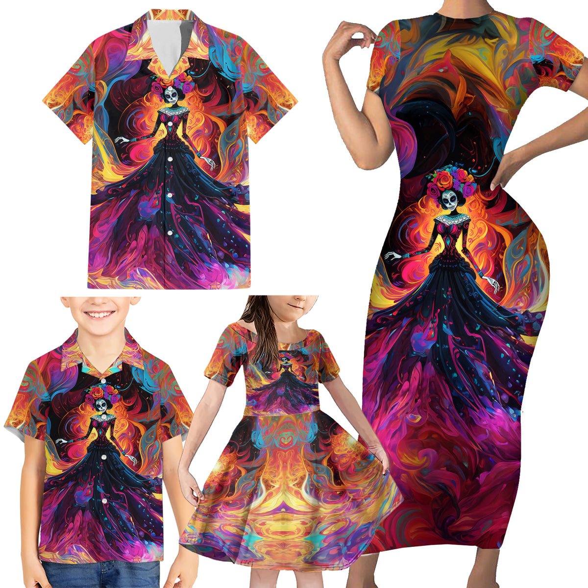 Day of Dead Lady Family Matching Short Sleeve Bodycon Dress and Hawaiian Shirt Sugar Skull Flame Lady - Wonder Print Shop