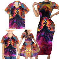 Day of Dead Lady Family Matching Short Sleeve Bodycon Dress and Hawaiian Shirt Sugar Skull Flame Lady - Wonder Print Shop