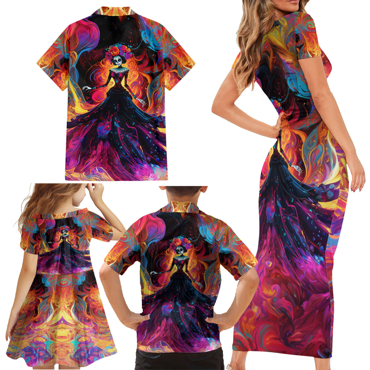 Day of Dead Lady Family Matching Short Sleeve Bodycon Dress and Hawaiian Shirt Sugar Skull Flame Lady - Wonder Print Shop