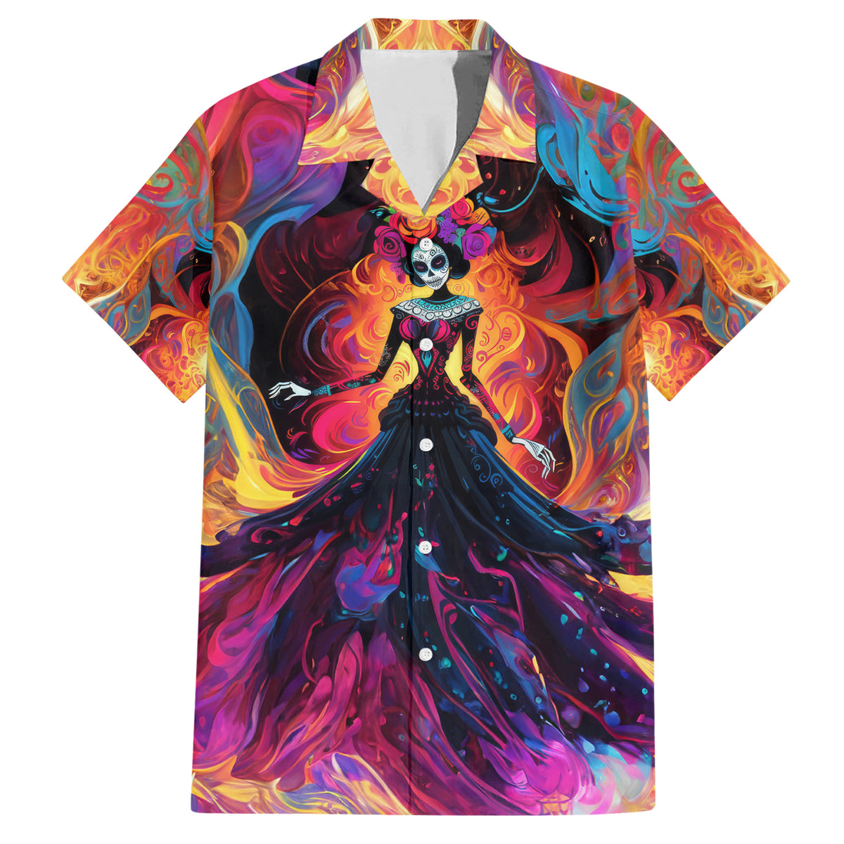 Day of Dead Lady Family Matching Short Sleeve Bodycon Dress and Hawaiian Shirt Sugar Skull Flame Lady - Wonder Print Shop
