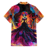 Day of Dead Lady Family Matching Short Sleeve Bodycon Dress and Hawaiian Shirt Sugar Skull Flame Lady - Wonder Print Shop