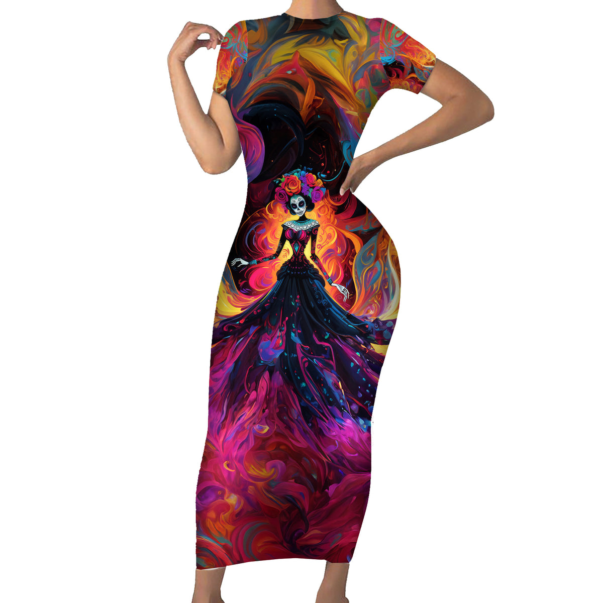 Day of Dead Lady Family Matching Short Sleeve Bodycon Dress and Hawaiian Shirt Sugar Skull Flame Lady - Wonder Print Shop