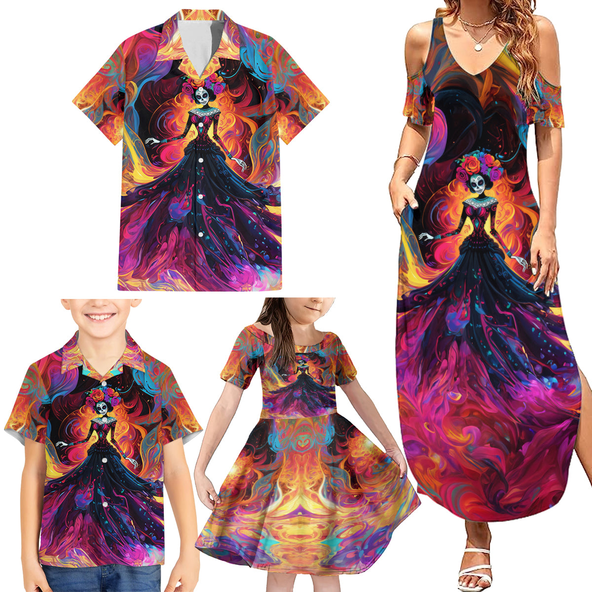 Day of Dead Lady Family Matching Summer Maxi Dress and Hawaiian Shirt Sugar Skull Flame Lady - Wonder Print Shop