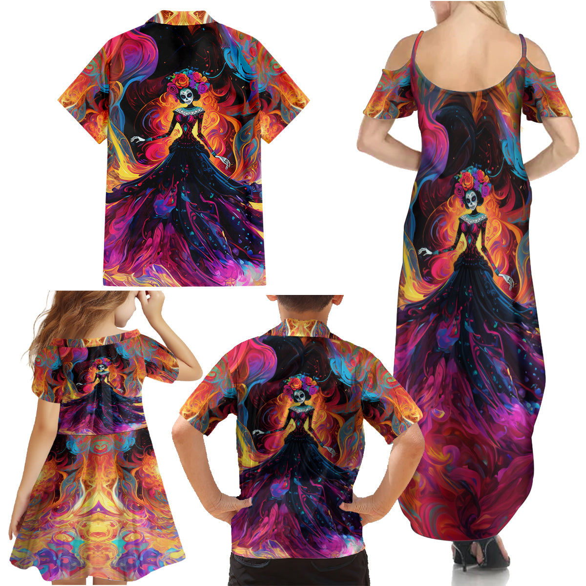 Day of Dead Lady Family Matching Summer Maxi Dress and Hawaiian Shirt Sugar Skull Flame Lady - Wonder Print Shop