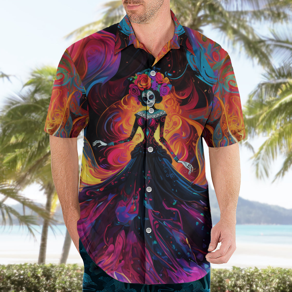 Day of Dead Lady Hawaiian Shirt Sugar Skull Flame Lady - Wonder Print Shop