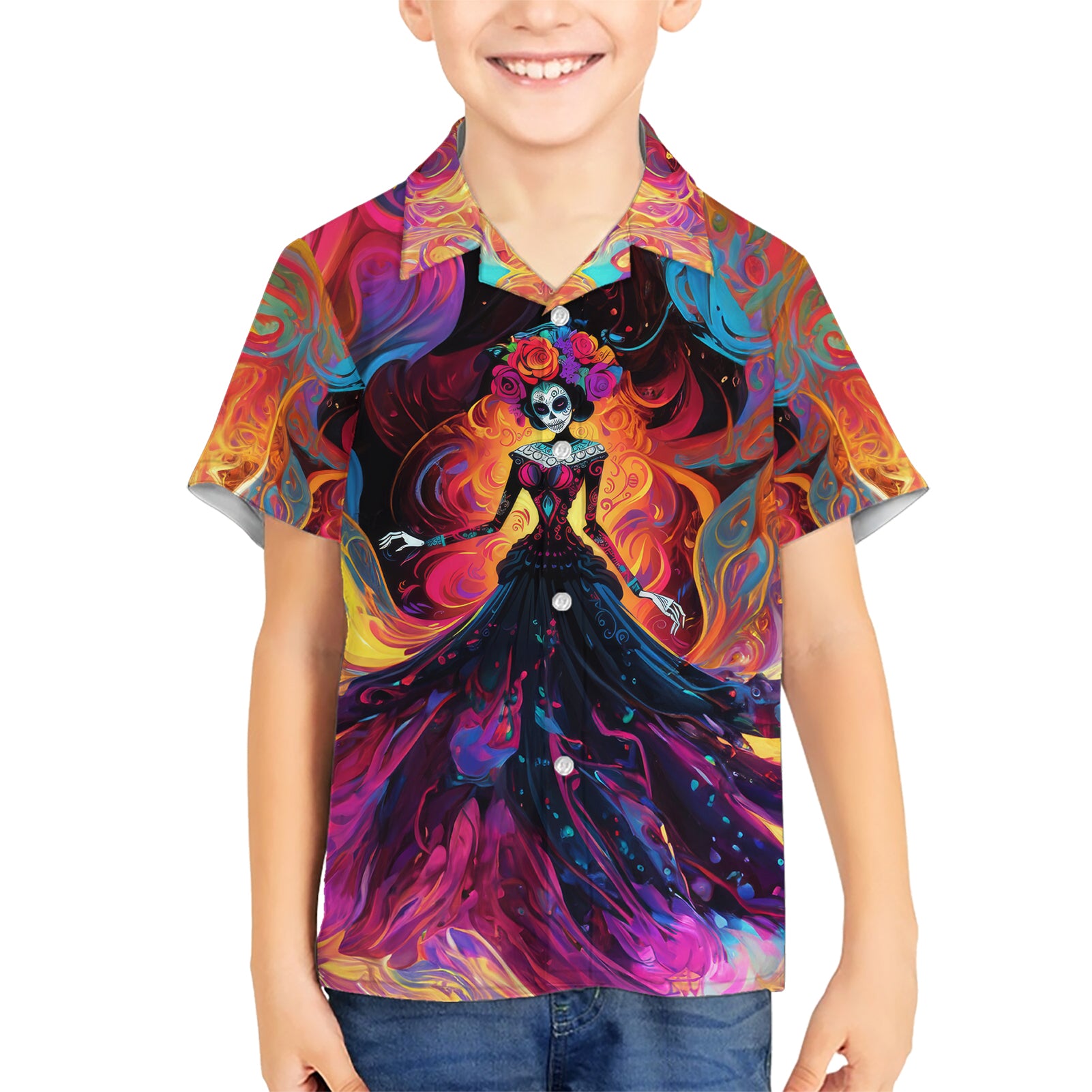 Day of Dead Lady Kid Hawaiian Shirt Sugar Skull Flame Lady - Wonder Print Shop