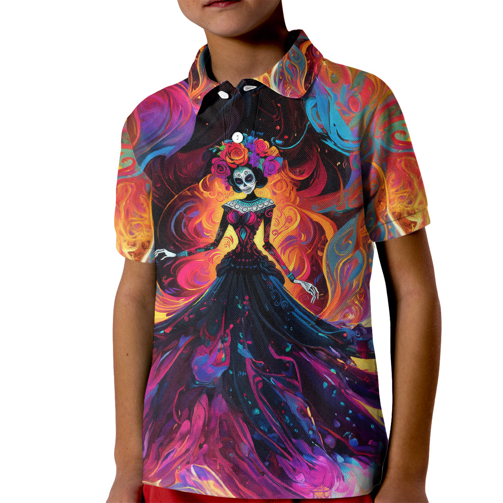 Day of Dead Lady Kid Polo Shirt Sugar Skull Flame Lady - Wonder Print Shop