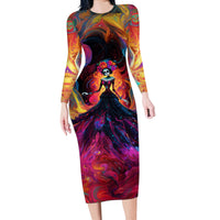 Day of Dead Lady Long Sleeve Bodycon Dress Sugar Skull Flame Lady - Wonder Print Shop
