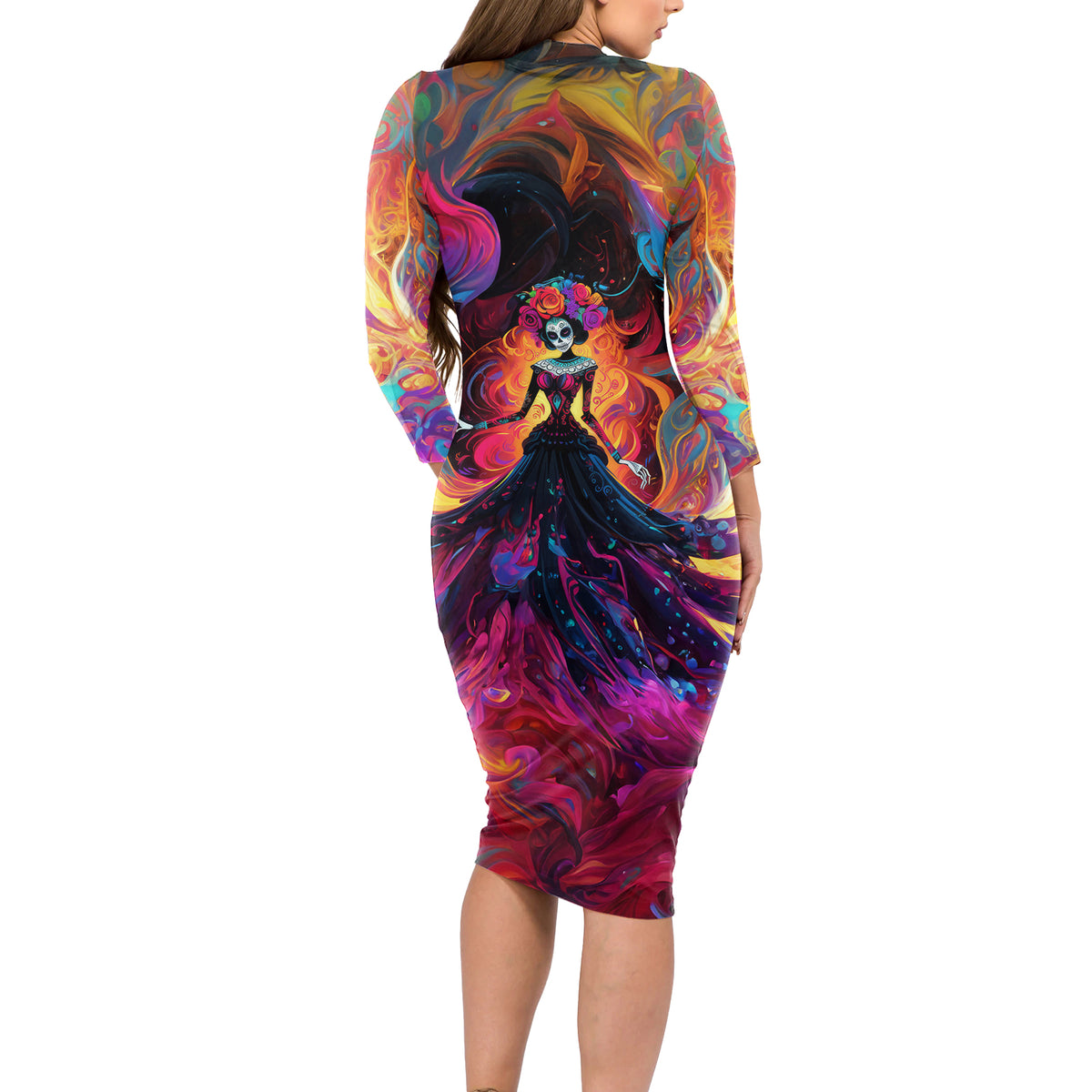 Day of Dead Lady Long Sleeve Bodycon Dress Sugar Skull Flame Lady - Wonder Print Shop