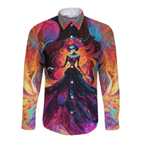 Day of Dead Lady Long Sleeve Button Shirt Sugar Skull Flame Lady - Wonder Print Shop