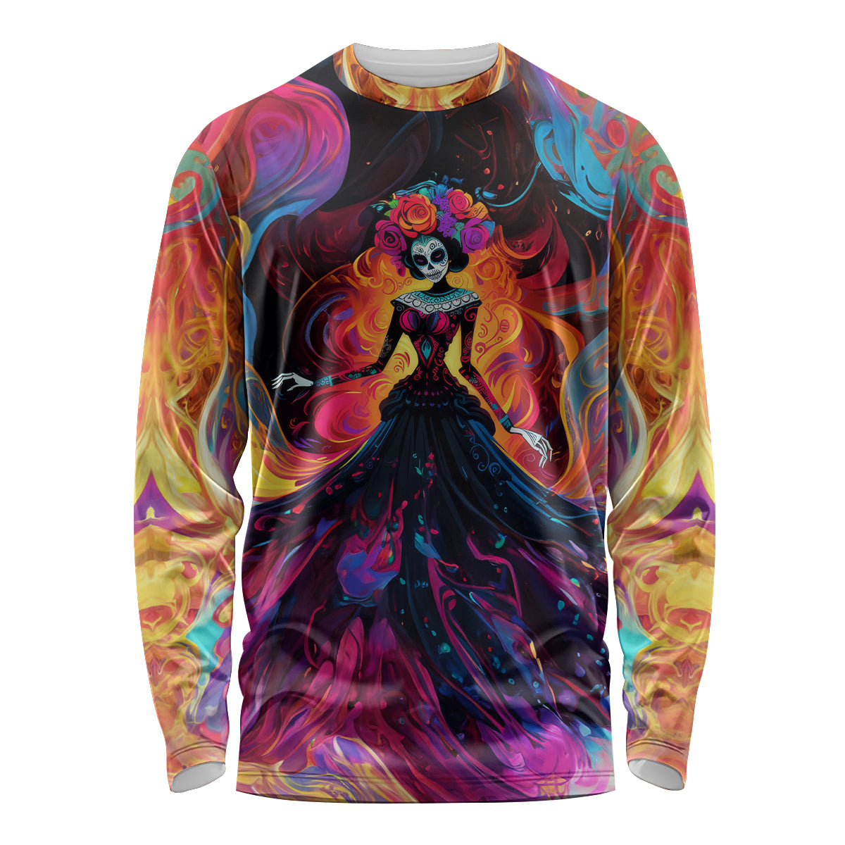 Day of Dead Lady Long Sleeve Shirt Sugar Skull Flame Lady - Wonder Print Shop