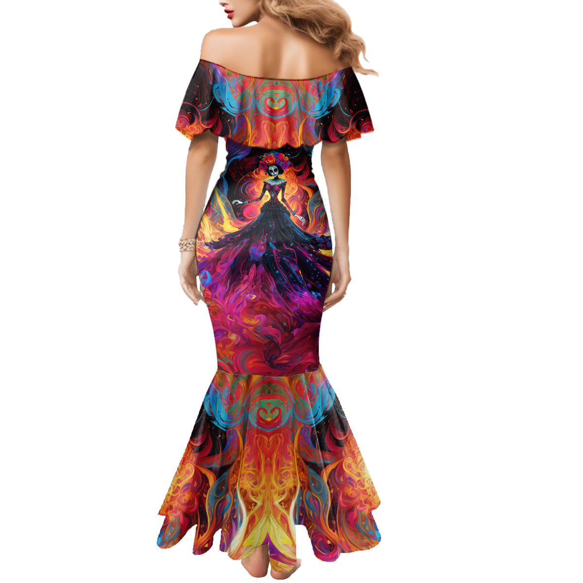 Day of Dead Lady Mermaid Dress Sugar Skull Flame Lady - Wonder Print Shop