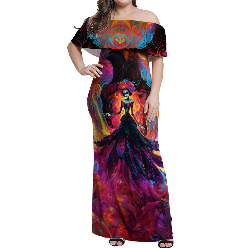 Day of Dead Lady Off Shoulder Maxi Dress Sugar Skull Flame Lady - Wonder Print Shop