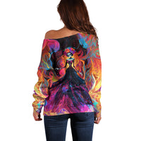 Day of Dead Lady Off Shoulder Sweater Sugar Skull Flame Lady - Wonder Print Shop