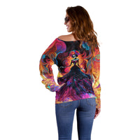 Day of Dead Lady Off Shoulder Sweater Sugar Skull Flame Lady - Wonder Print Shop