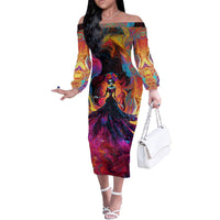 Day of Dead Lady Off The Shoulder Long Sleeve Dress Sugar Skull Flame Lady - Wonder Print Shop