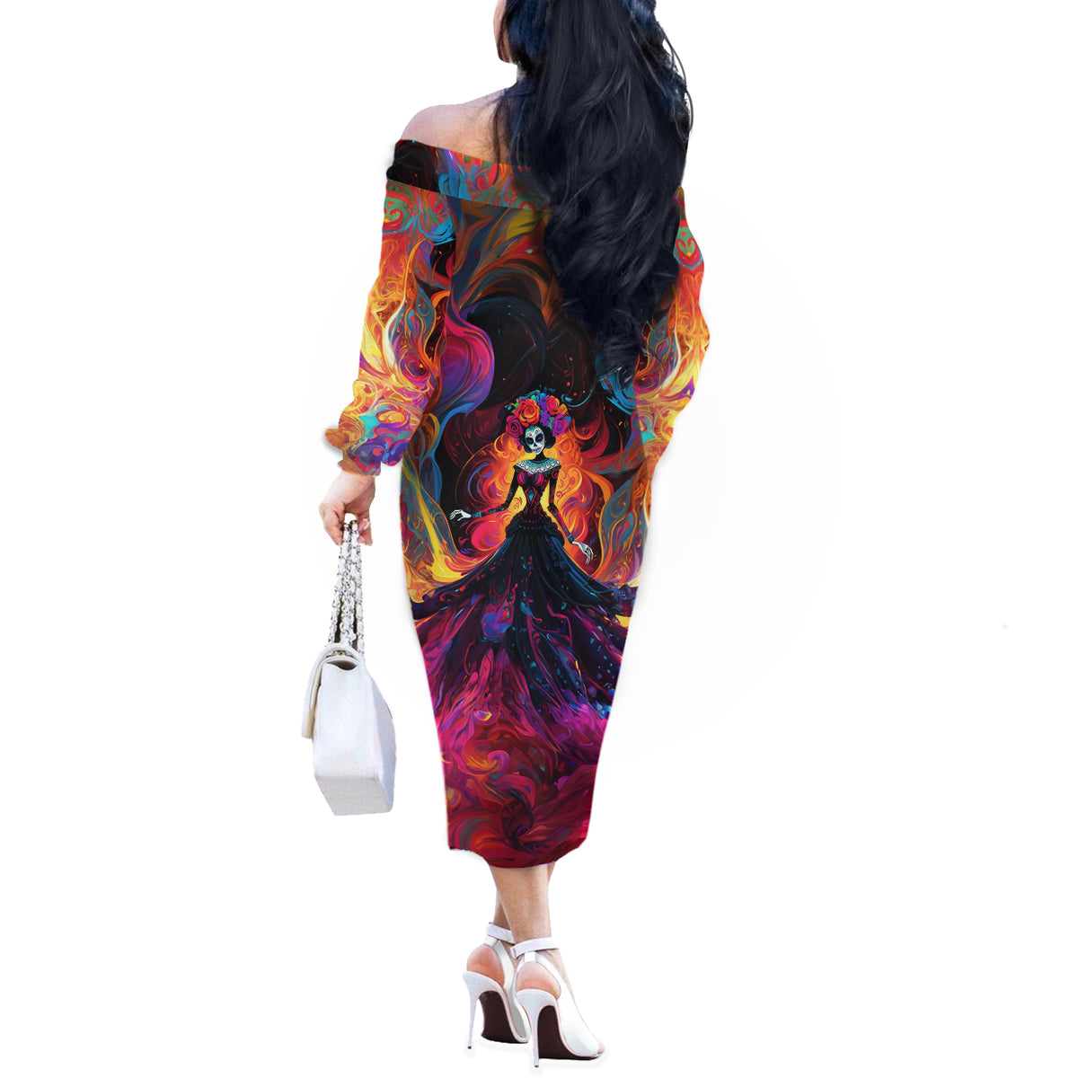 Day of Dead Lady Off The Shoulder Long Sleeve Dress Sugar Skull Flame Lady - Wonder Print Shop