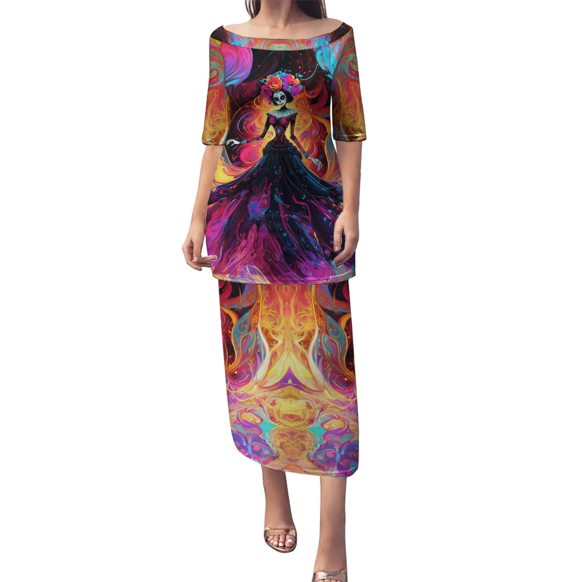 Day of Dead Lady Puletasi Sugar Skull Flame Lady - Wonder Print Shop