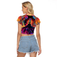 Day of Dead Lady Raglan Cropped T Shirt Sugar Skull Flame Lady - Wonder Print Shop