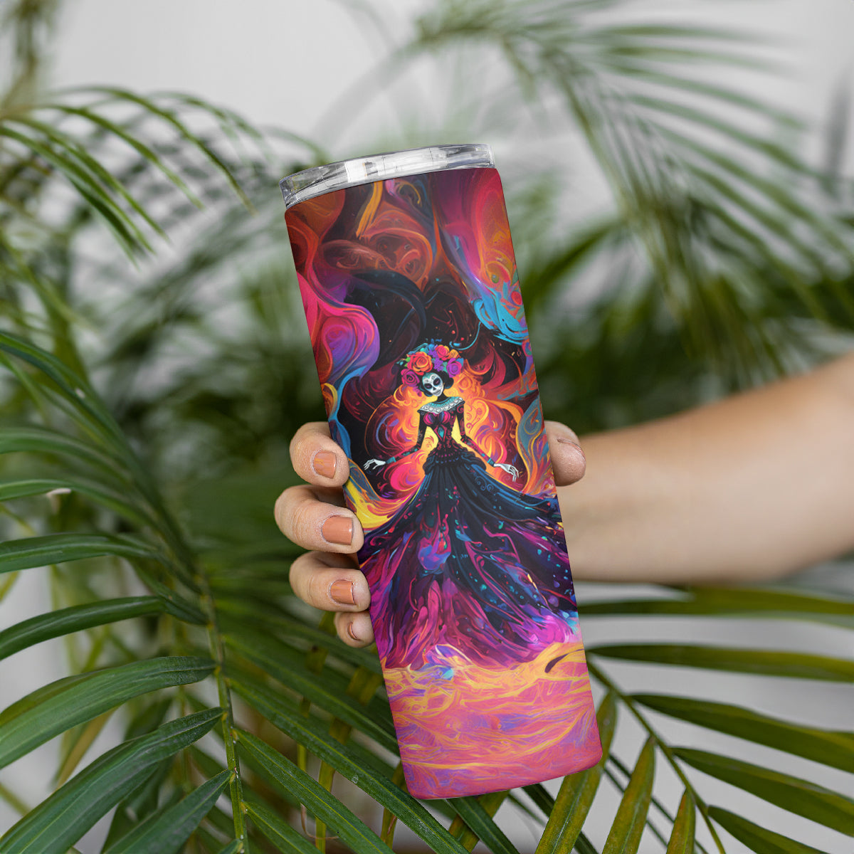 Day of Dead Lady Skinny Tumbler Sugar Skull Flame Lady - Wonder Print Shop