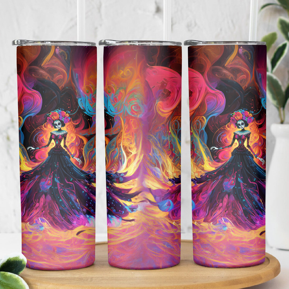 Day of Dead Lady Skinny Tumbler Sugar Skull Flame Lady - Wonder Print Shop