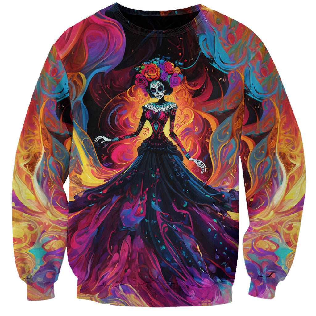 Day of Dead Lady Sweatshirt Sugar Skull Flame Lady - Wonder Print Shop